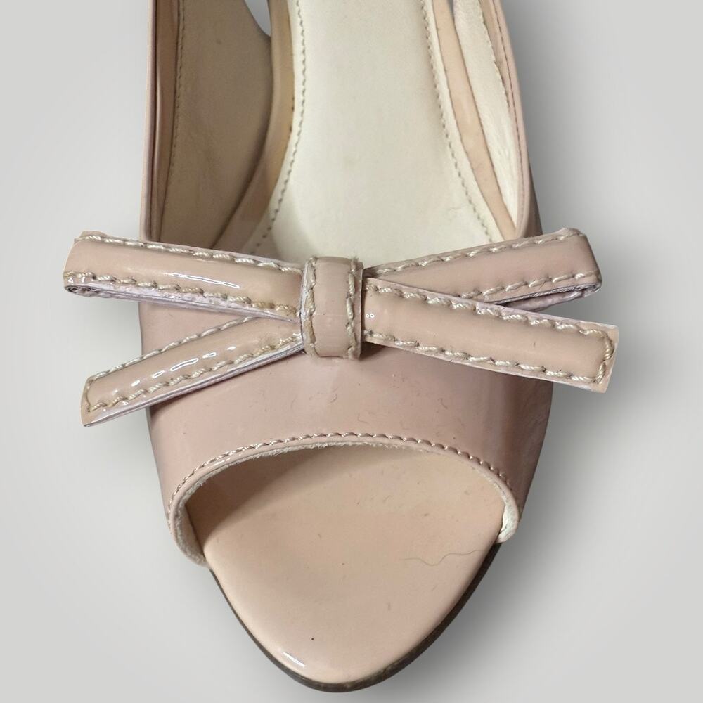 Prada Patent Leather Slingback Wedge Sandals Bow Peep Toe Nude Pink Size 37.5 - Picture 12 of 16